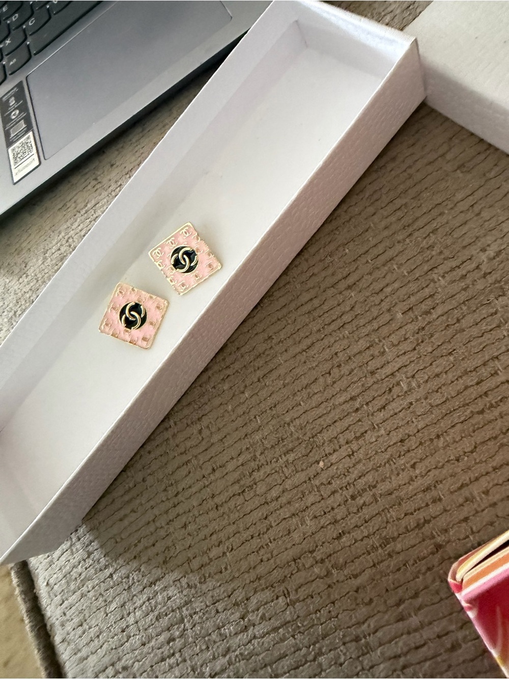 Pink Square Stud Earrings with gold a black accents, BWT
